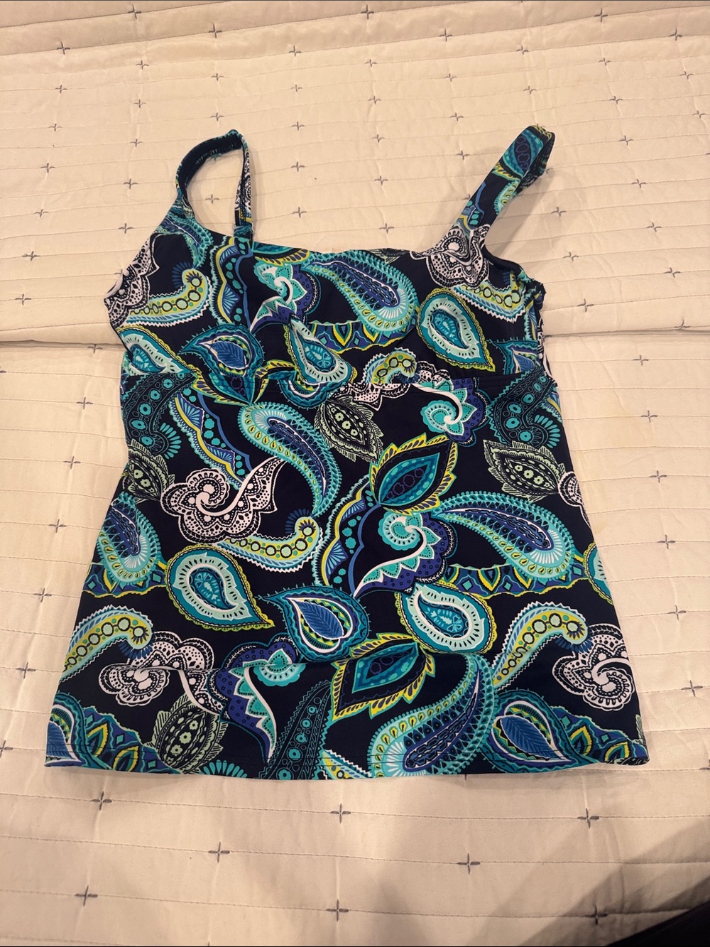 Lands' End Navy Paisley Swim Cami with Teal & Aqua Accents